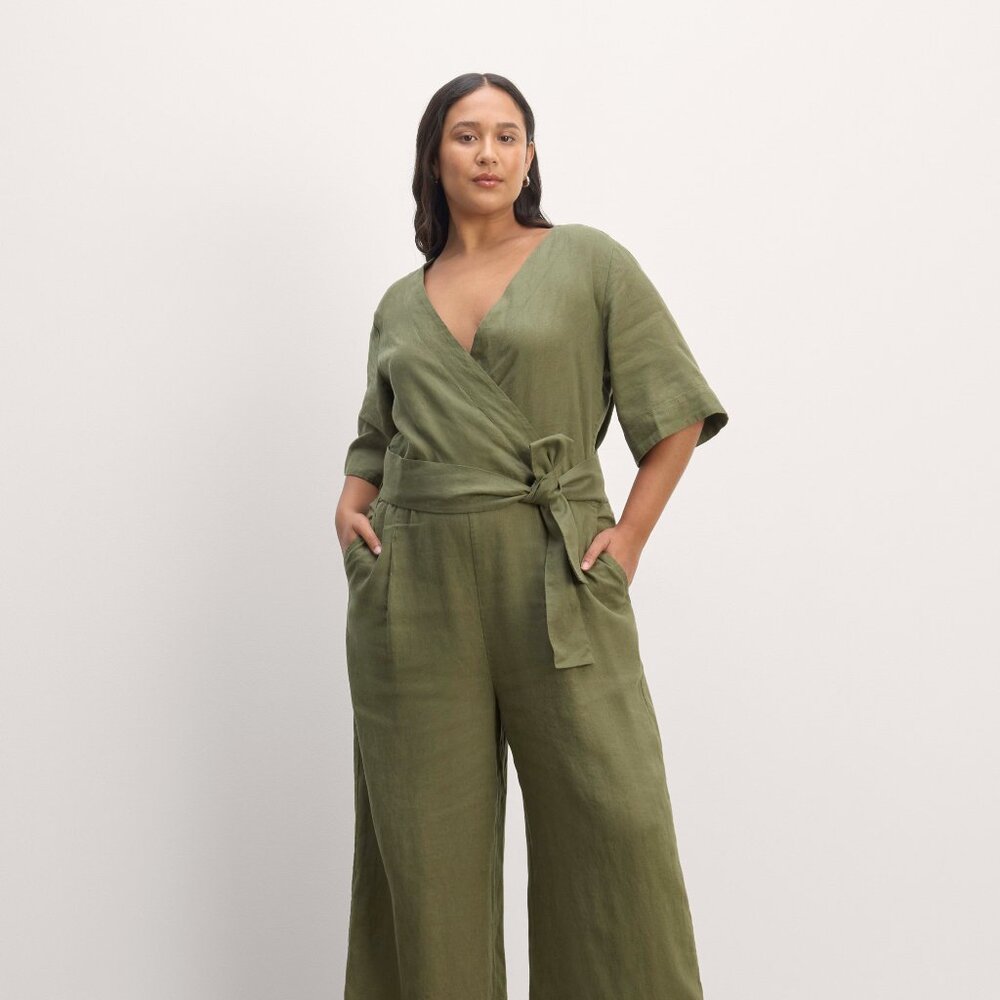 NTW Everlane Women's Wrap Jumpsuit in Linen in Olive, Size 0 (Runs Large)